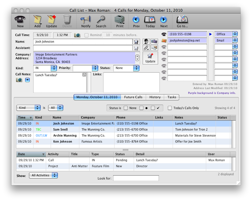 Screenshot: Mac Call List